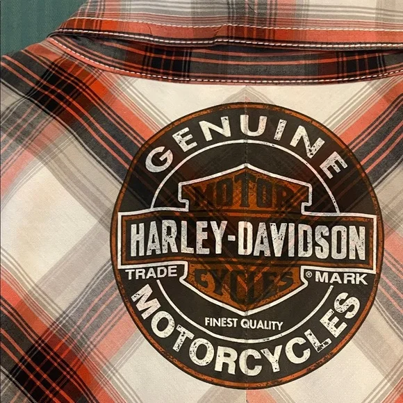Harley-Davidson Men's Plaid Shirt - Orange, Black, and White - Picture 6 of 6